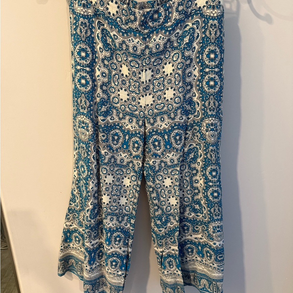 Anthropologie Teal and White Paisley Pants